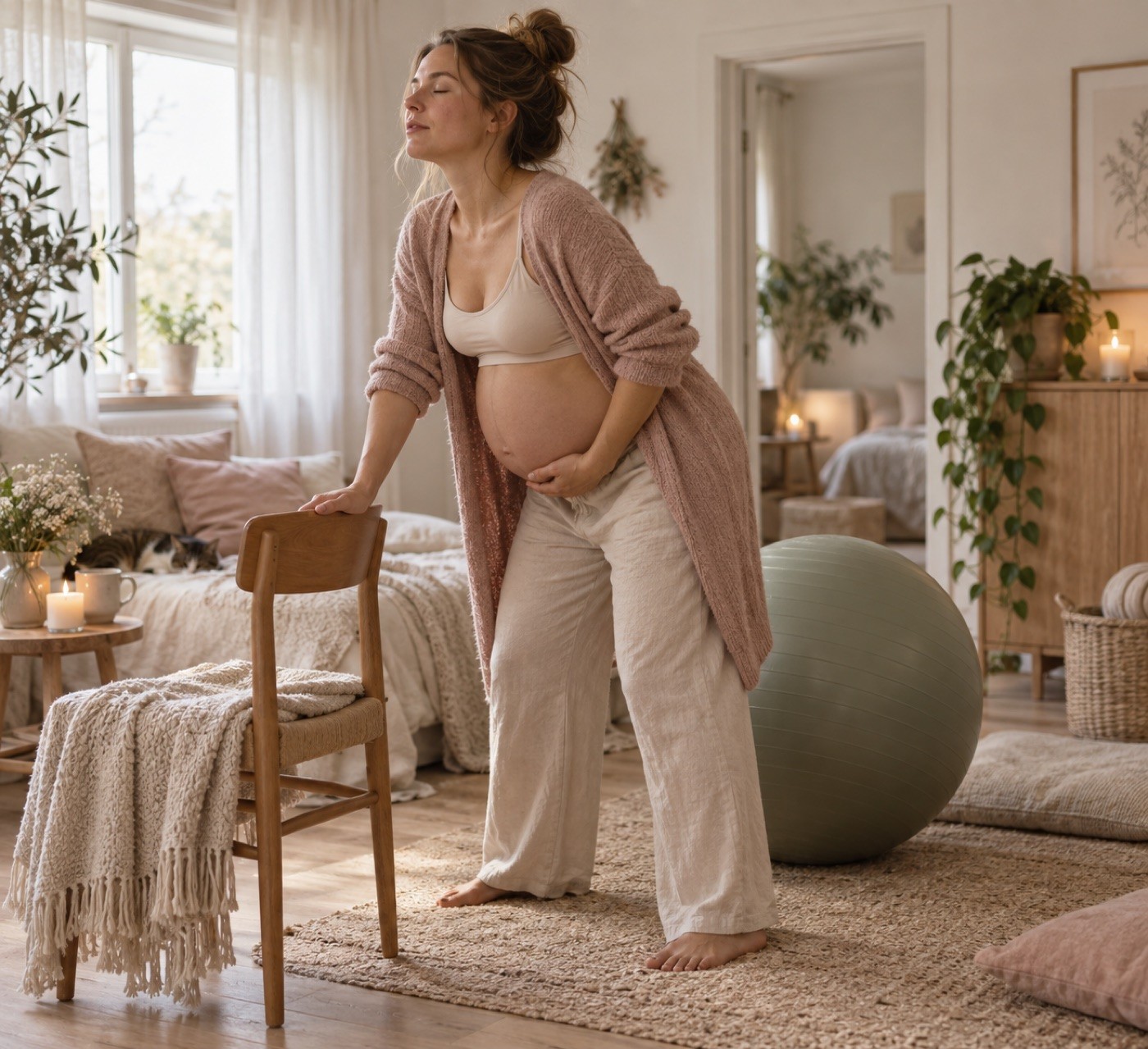 Gravid kvinna som övar mjuk rörelse och andning hemma