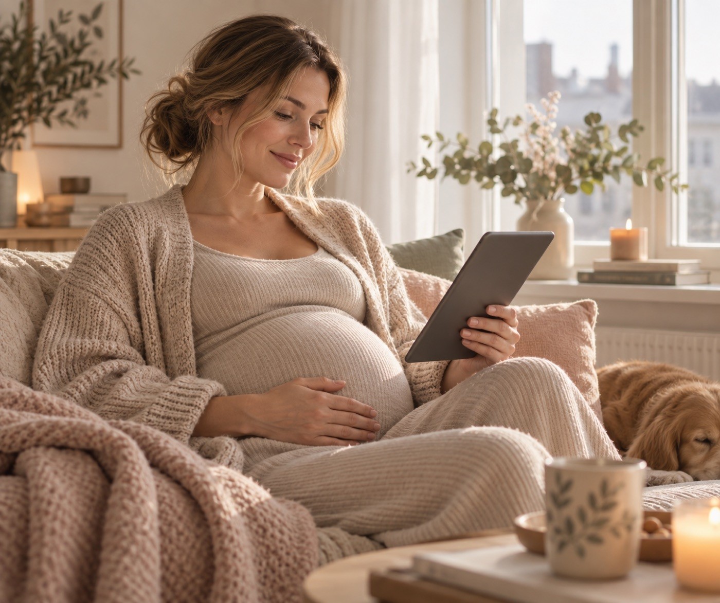 Gravid kvinna som läser e-bok hemma i lugn miljö