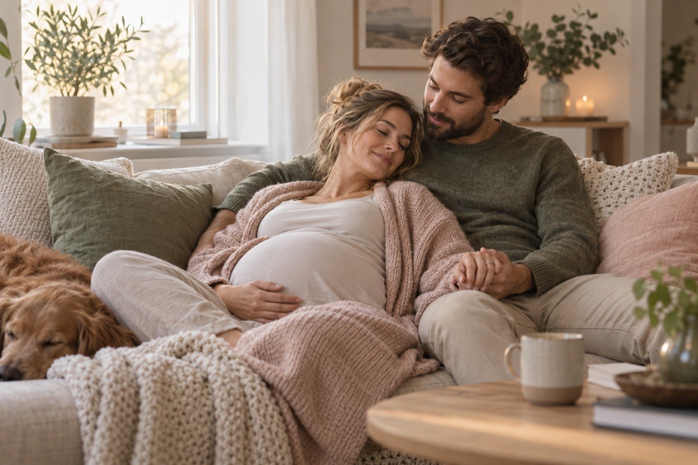Gravid kvinna med stödperson i en trygg hemmiljö