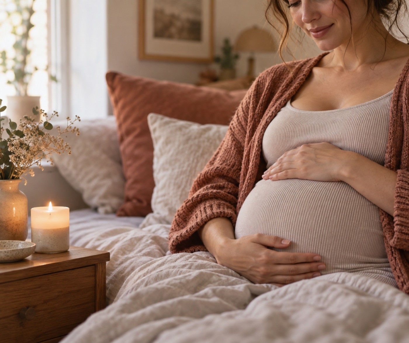 Gravid kvinna med händerna på magen bredvid ett tänt ljus